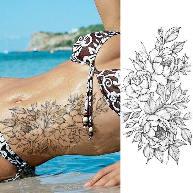 Realistic Sketches Black Flowers Temporary Waterproof Flower Tattoos Modern Body Arm Drawing For Womens
