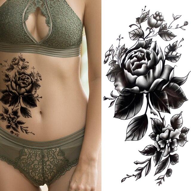 Realistic Sketches Black Flowers Temporary Waterproof Flower Tattoos Modern Body Arm Drawing For Womens