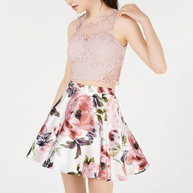 City Studio Women?s Juniors Floral Lace Crop Top Dress Set, Size 11