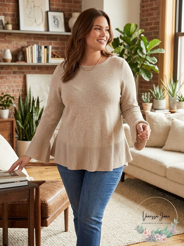 Style & Co Womens Plus Ribbed Trim Ruffled Pullover Sweater