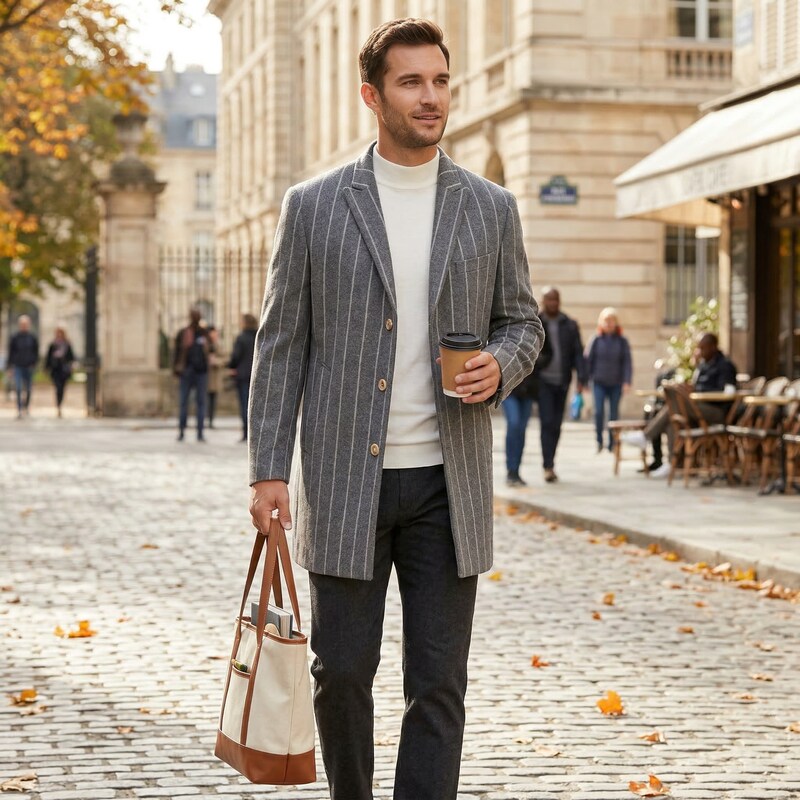 Tallia Orange Mens Slim-Fit Gray Chalk Stripe Overcoat, Medium