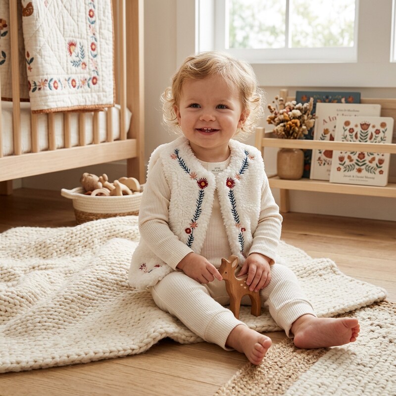 First Impressions  Girls Embroidered Faux Fur Vest, Size 3-6 Months