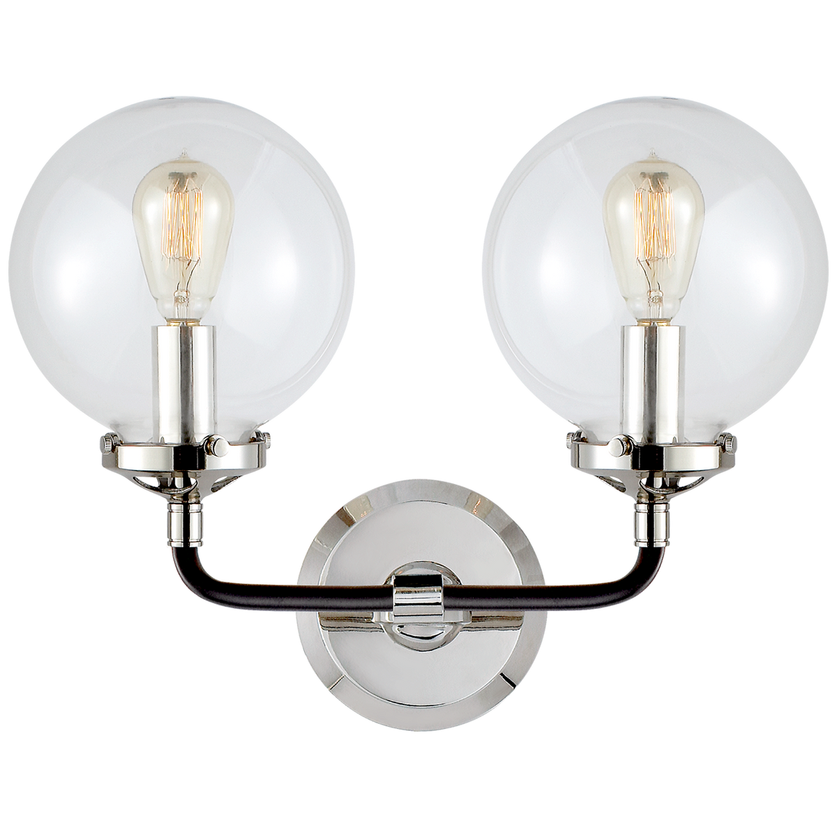Bistro Double Light Curved Sconce Polished nickel and Black with Clear
