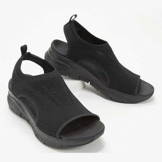 Summer Women Sandals Solid Color Open Toe Casual Shoes Hollow Out Slip-On Mesh Platform Fit Anti Slip Shoes Hollow Out Slip-On Mesh Soft Sandals Low Heeled Comfort Casual Sports Shoes