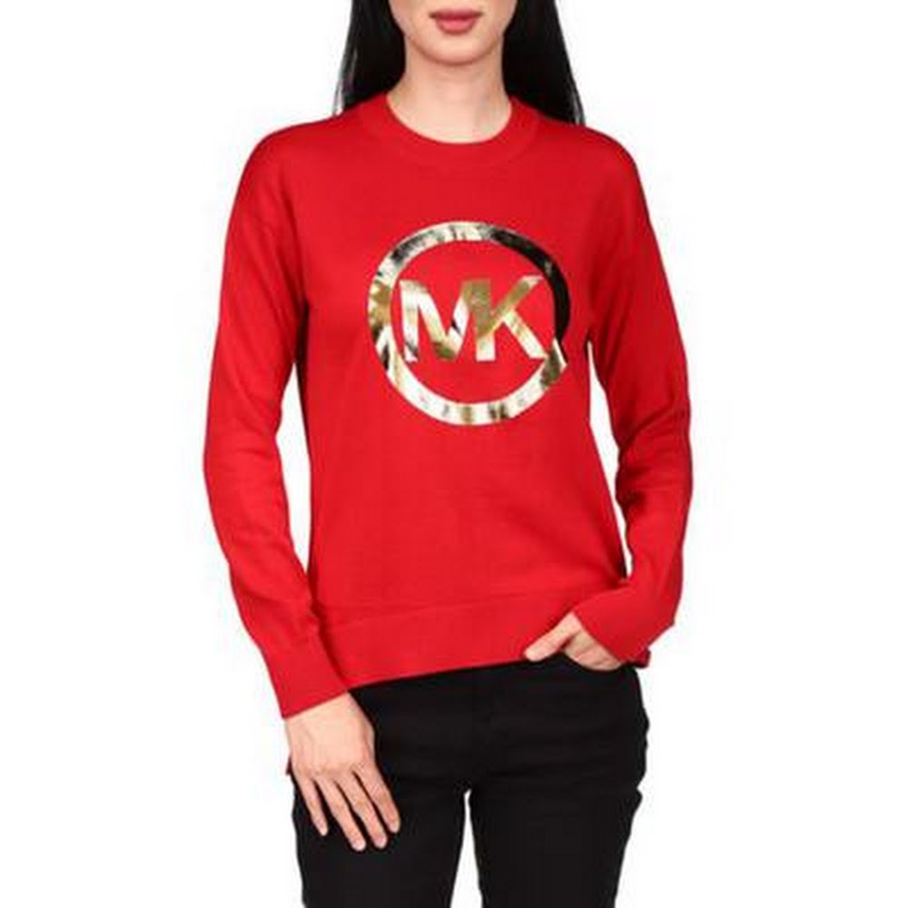 Michael Michael Kors Oversized Cotton Metallic-Logo Top - Dark Red, Size Medium